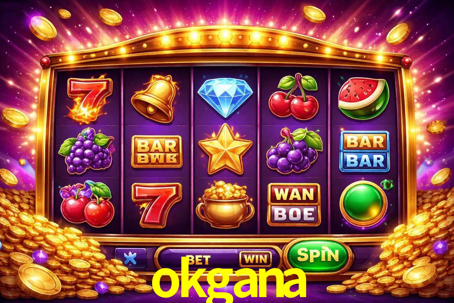 Una interfaz colorida de tragamonedas en línea con símbolos brillantes, monedas y un efecto de victoria celebratoria en okgana.