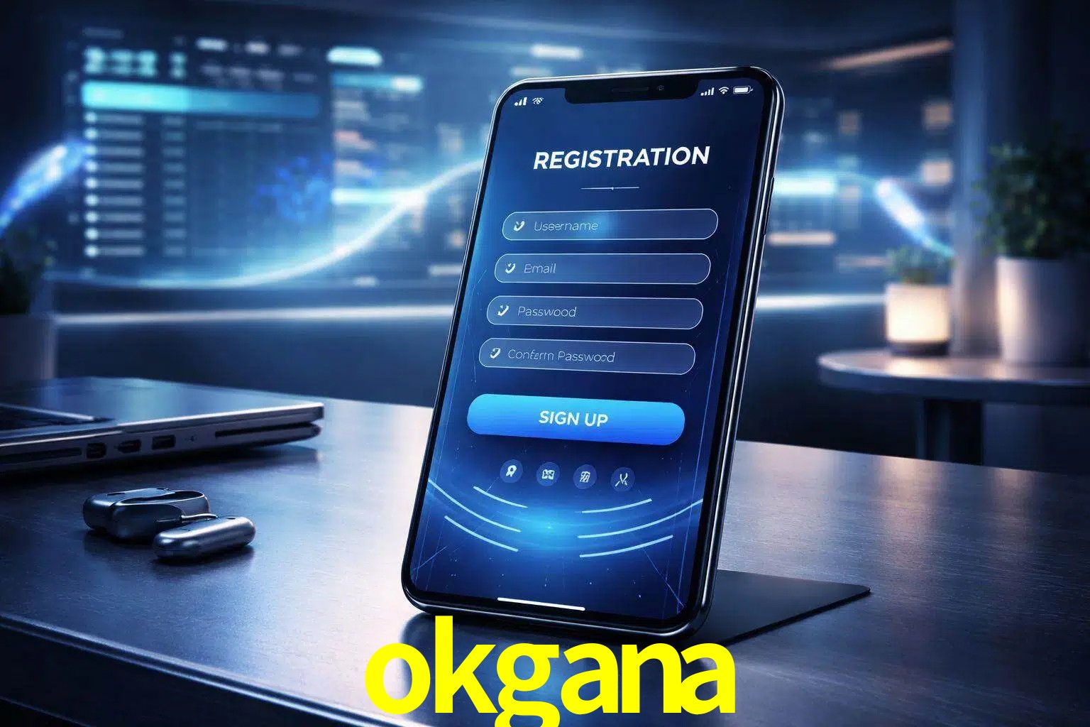 Una interfaz moderna de registro móvil para okgana mostrada en un smartphone con un panel de apuestas elegante.